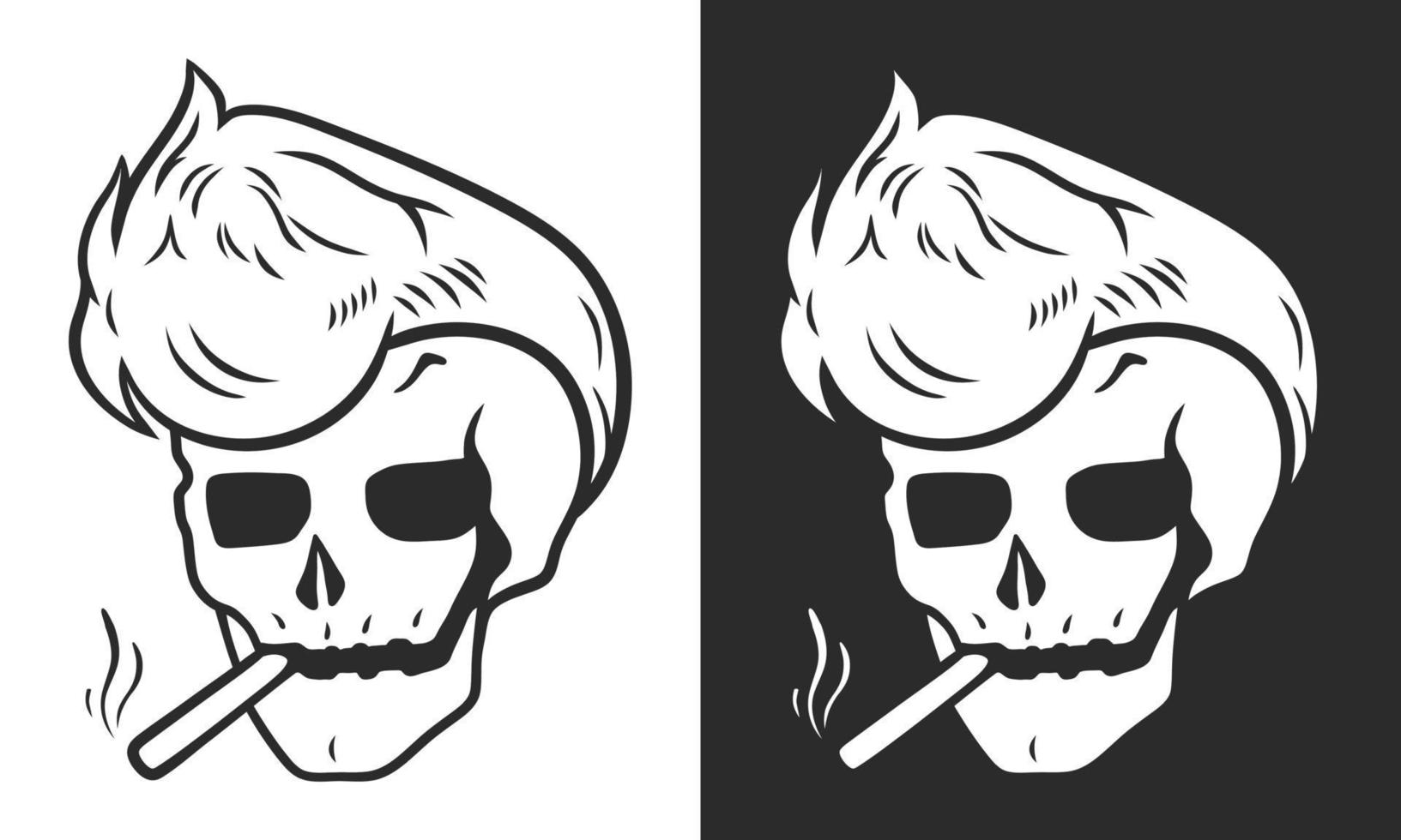 Hand drawn vector line art of a smoking skull