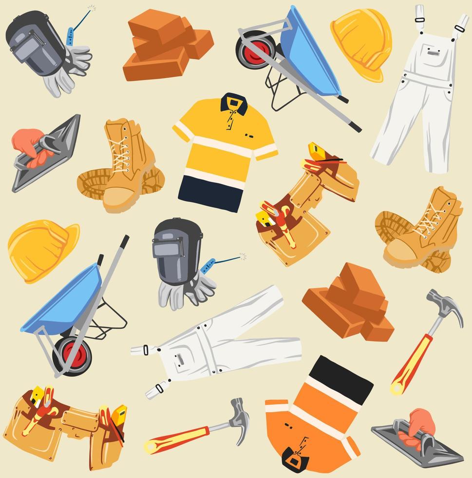 Collection of construction equipment and outfits. construction seamless pattern vector illustration