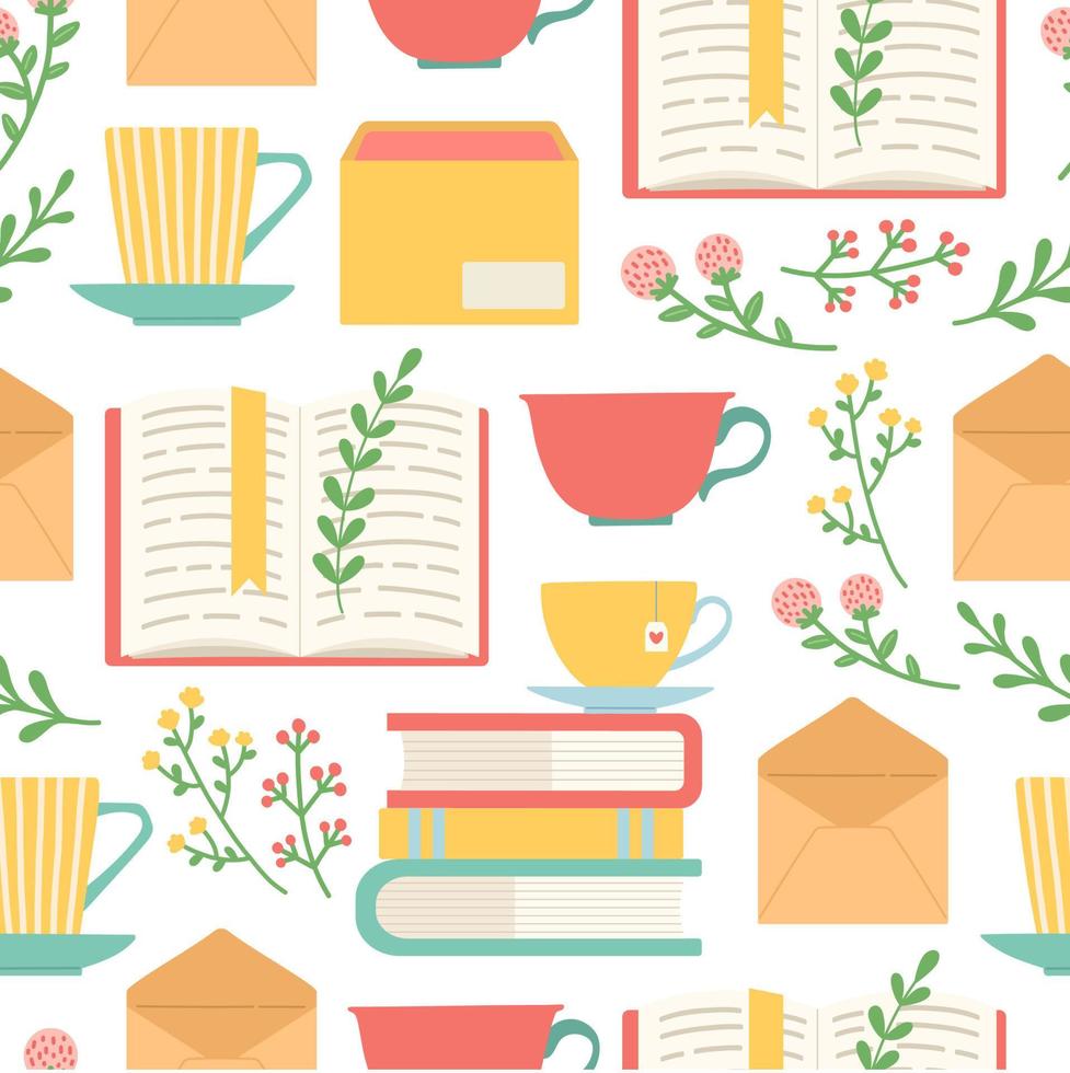 Book, cup, envelope and flower seamless pattern, vector illustration