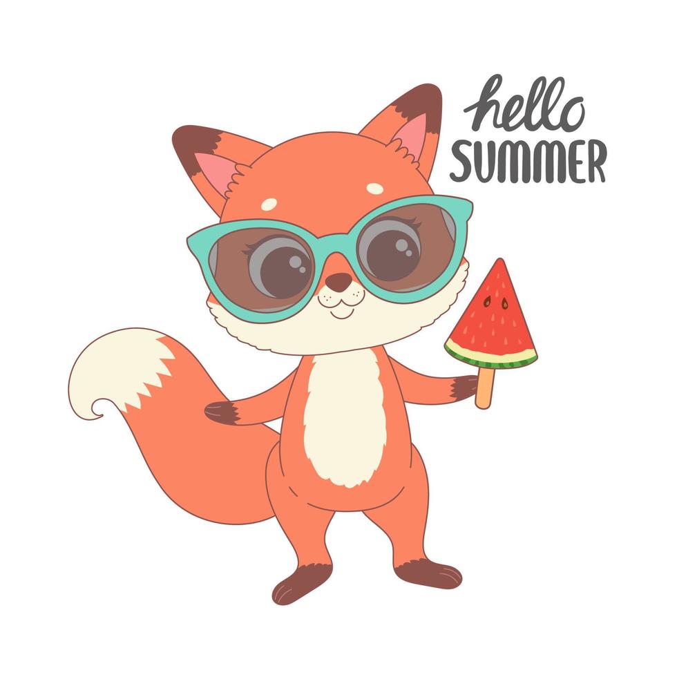 lindo zorro listo para el verano, hola ilustración de vector de dibujos animados de verano