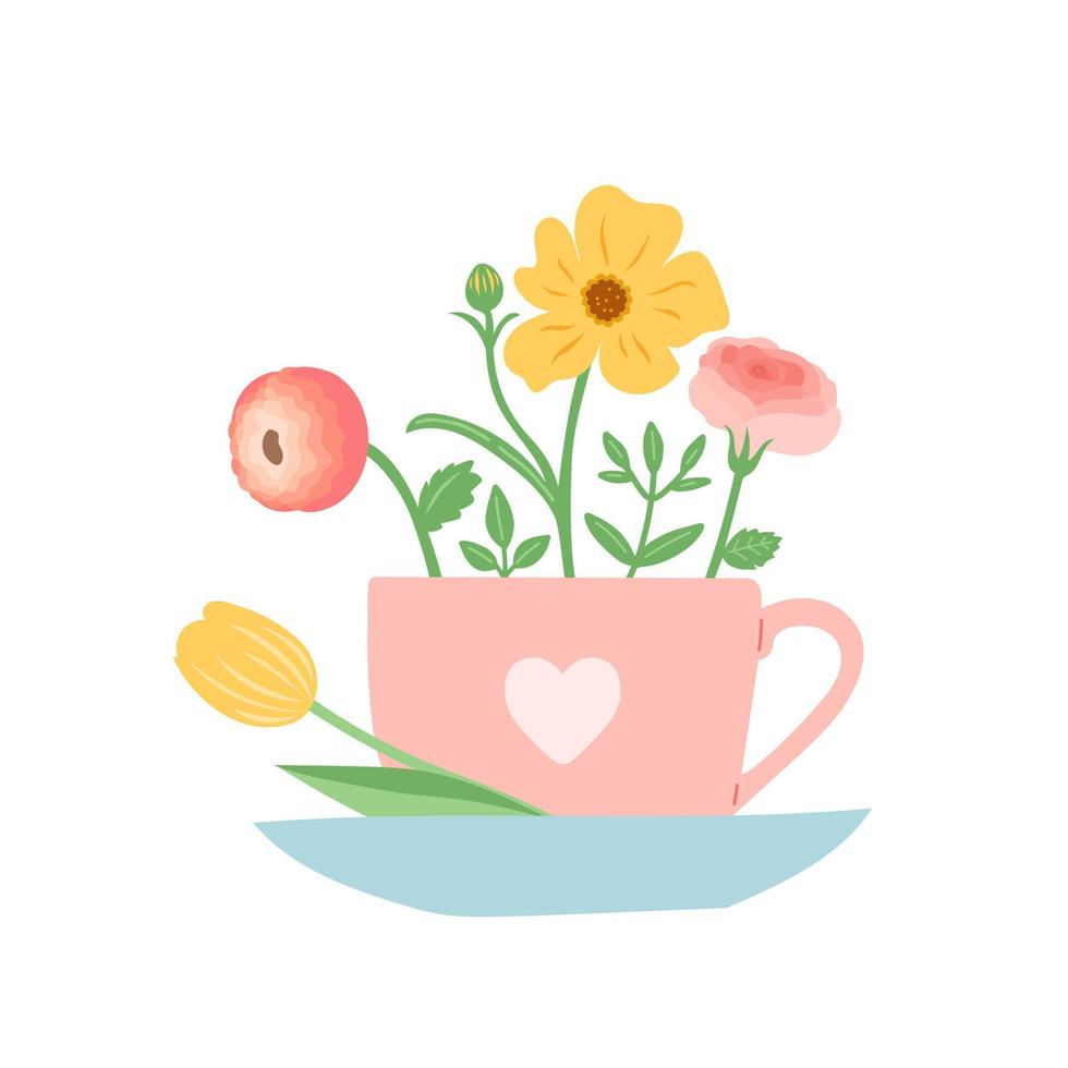 Flower in beautiful cup, flat design vector illustration