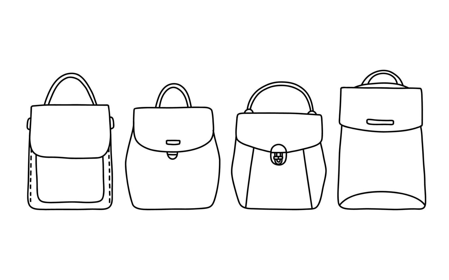 Backpack rucksack set doodle black and white simple vector illustration