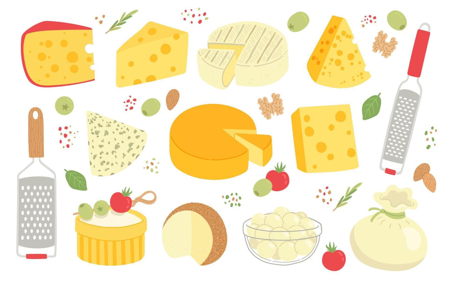 conjunto de queso producto lácteo y rallador ilustración vectorial de diseño plano vector