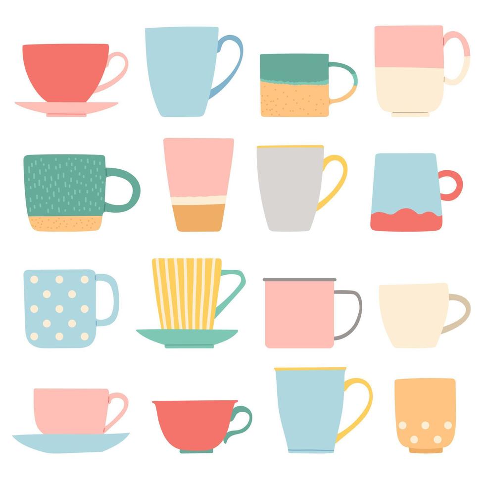 Cup set flat design vector illustration, different shape colorful cups