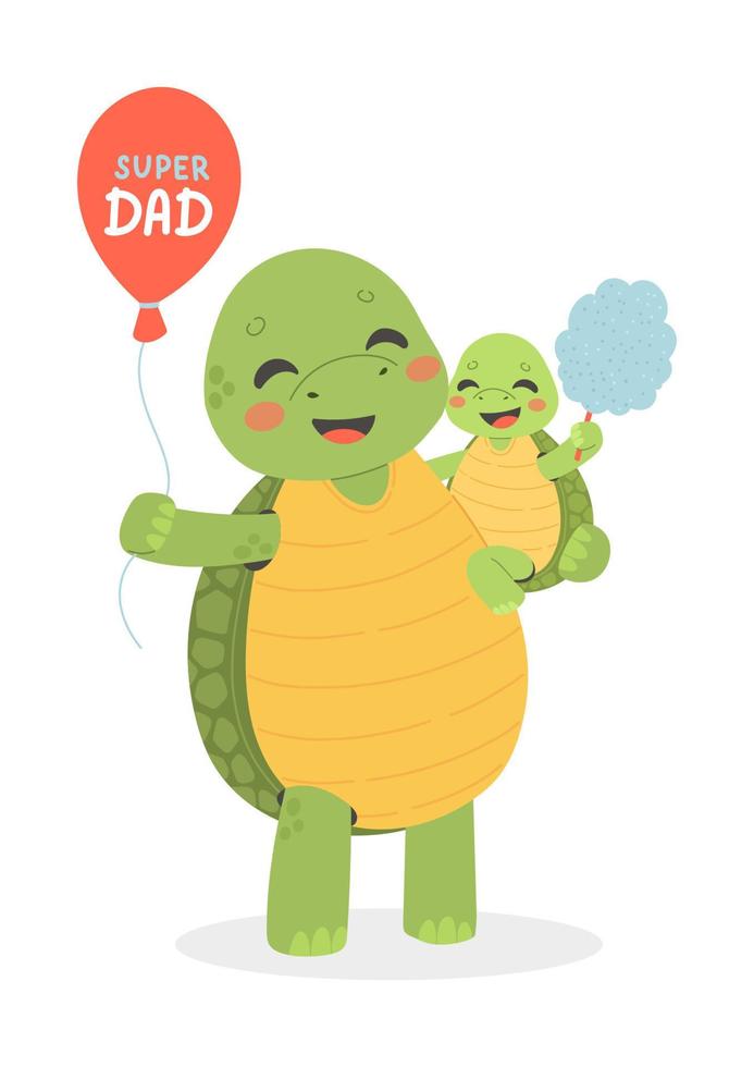 Fathers Day postcard, best dad, daddy and son turtle, cartoon vector illustration