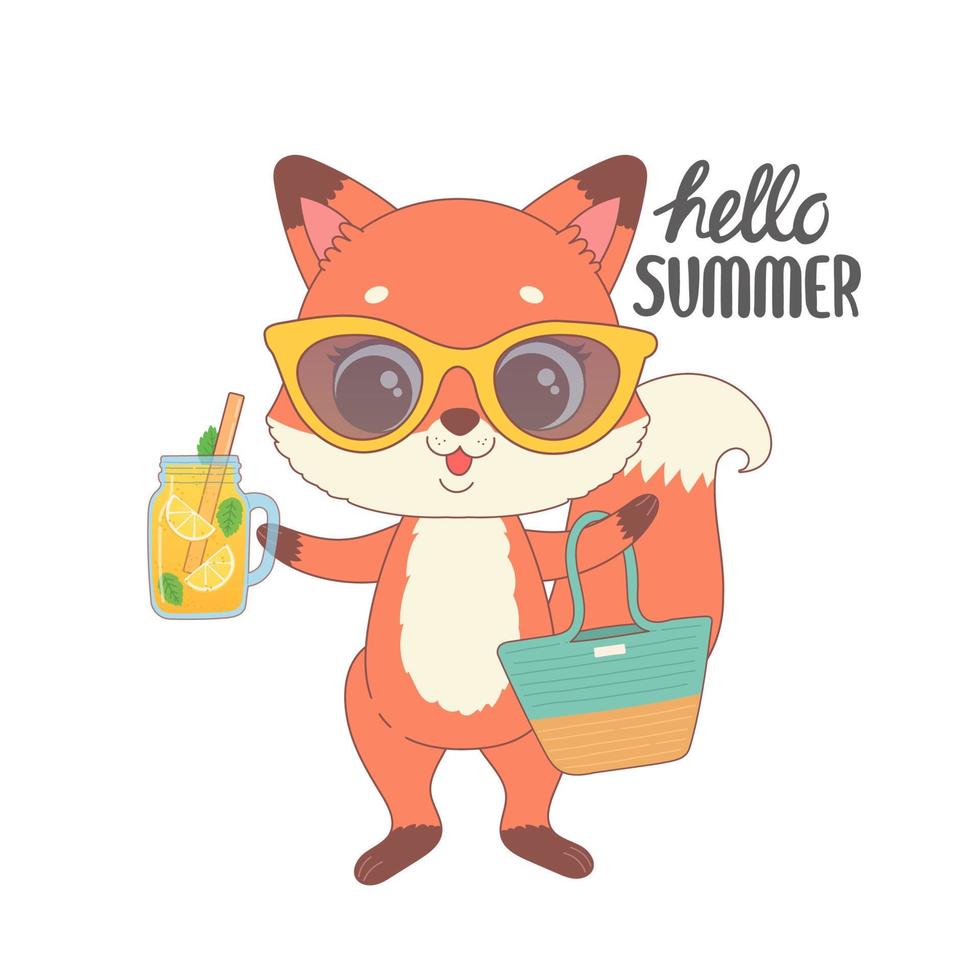 Cute fox ready for summer, hello summer cartoon vector illustration
