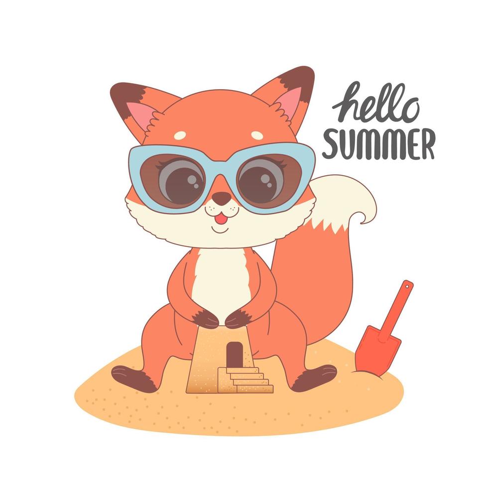 lindo zorro listo para el verano, hola ilustración de vector de dibujos animados de verano