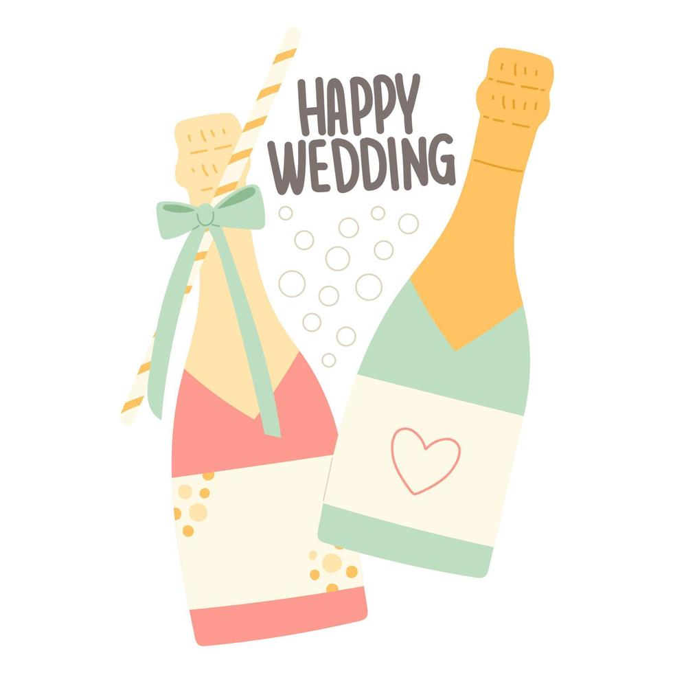 Ilustración de vector plano de boda feliz con botella de champán