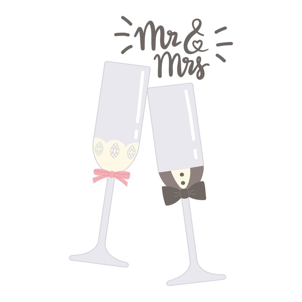 Wedding wineglass mr mrs flat vector illustration