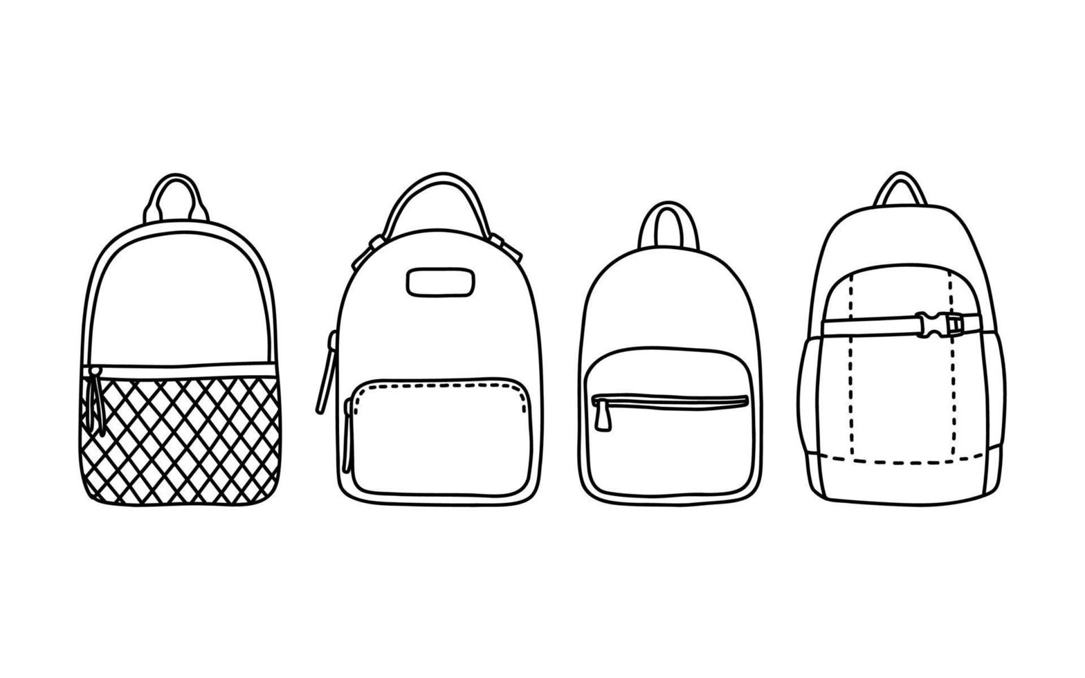 Backpack rucksack set doodle black and white simple vector illustration