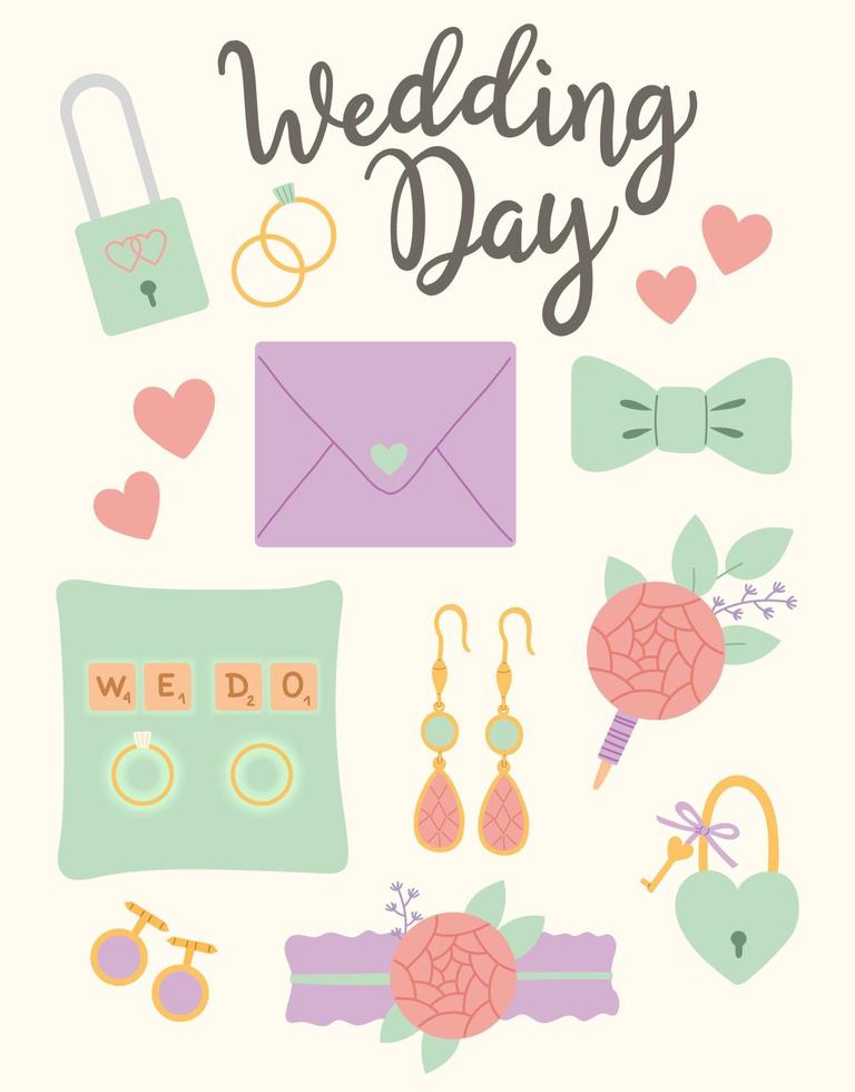 Ilustración de vector de accesorios de novia y novio de día de boda