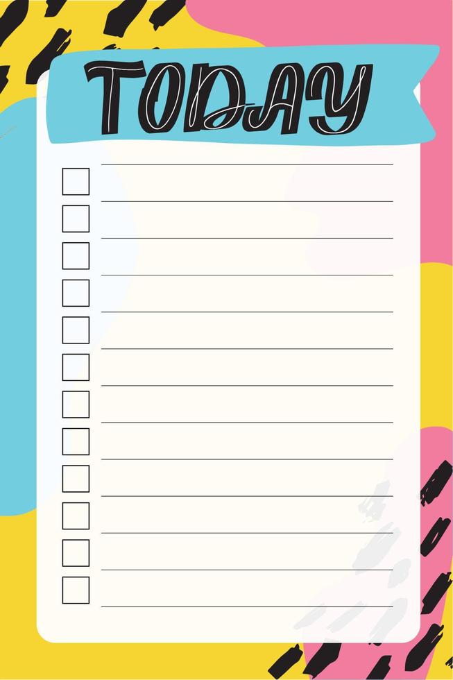 Today. To do list with retro background and trendy lettering. Memphis style. Template for agenda, planners, check lists, and other stationery. Isolated. Vector stock illustration.