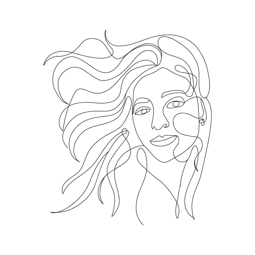 Continuous line, one line, drawing of face and hairstyle, fashion concept, woman beauty minimalist, vector stock illustration for tshirt, slogan design print graphics style