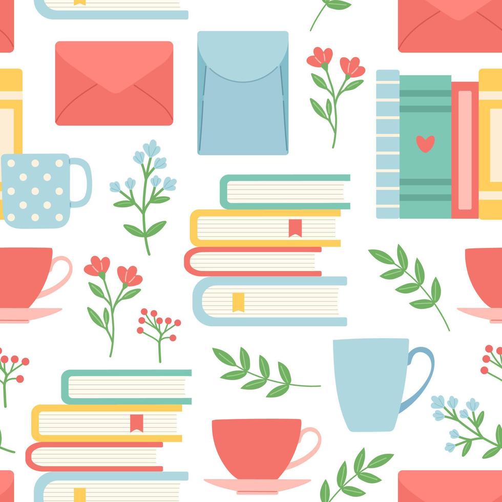 Book, cup, envelope and flower seamless pattern, vector illustration