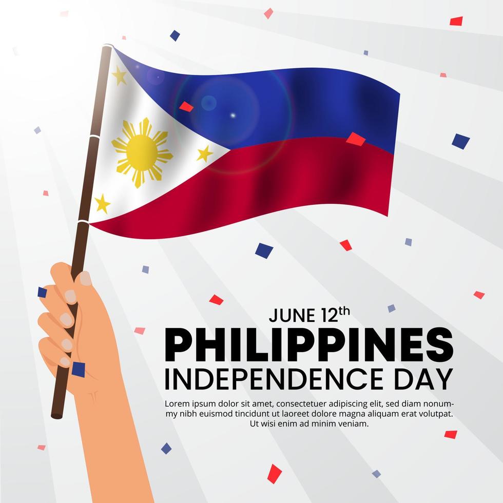 Philippines independence day background with a hand holding a flag vector