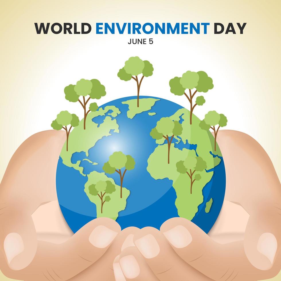 fondo del día mundial del medio ambiente con manos sosteniendo un globo terráqueo vector