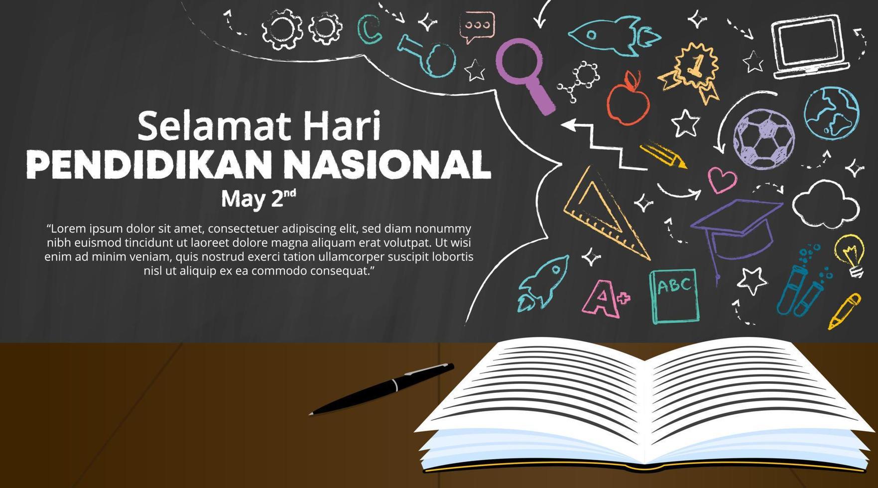 hari pendidikan nasional indonesia o antecedentes del día nacional de la educación de indonesia con un libro sobre la mesa y una ilustración de la educación en la pizarra vector