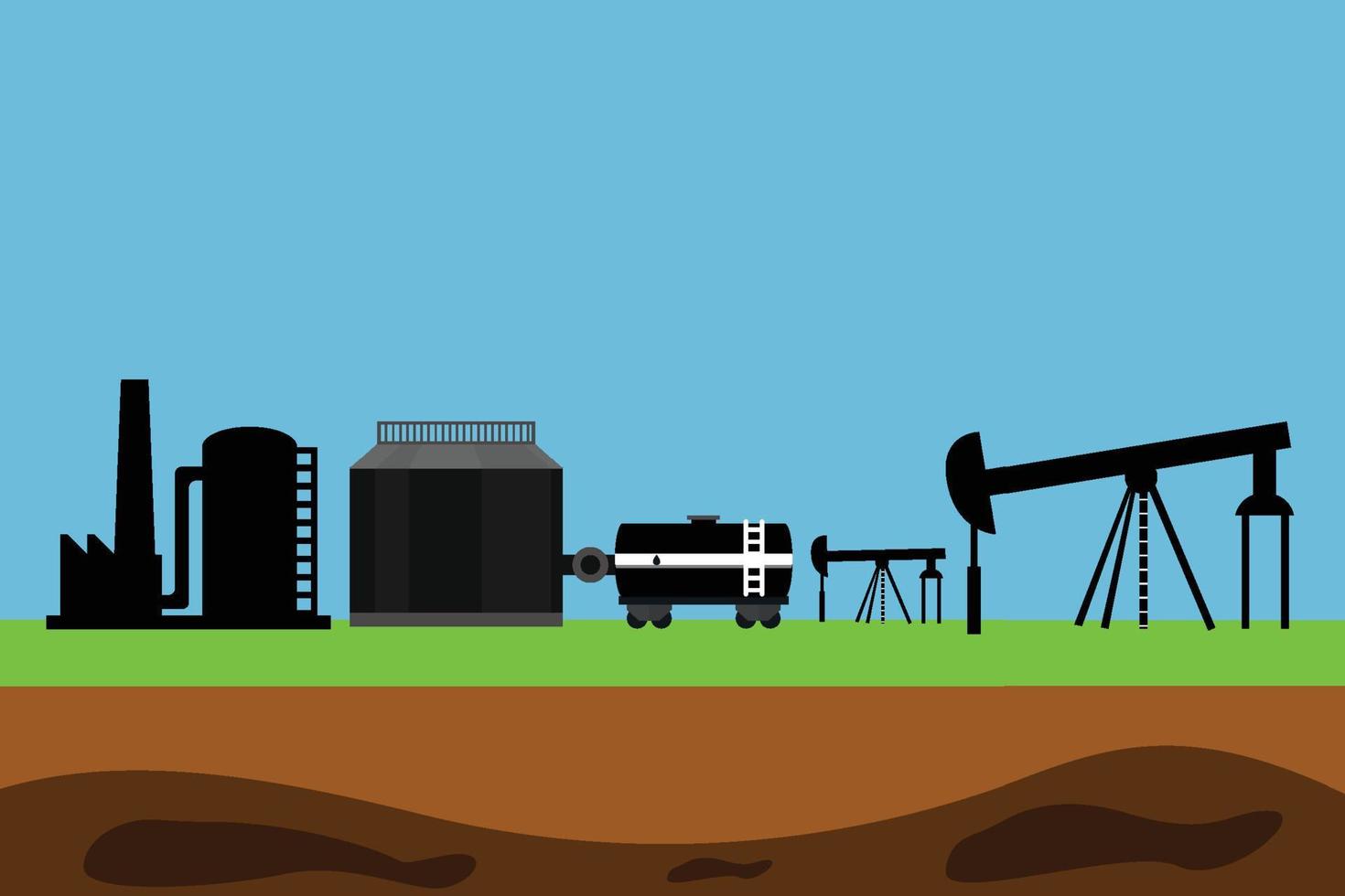 Petroleum production using pump jack mine silhouette vector. Oil rig industry silhouette. Oil and petroleum pumps on a greenfield vector. Pumping out oil from a mine and petroleum production concept. vector