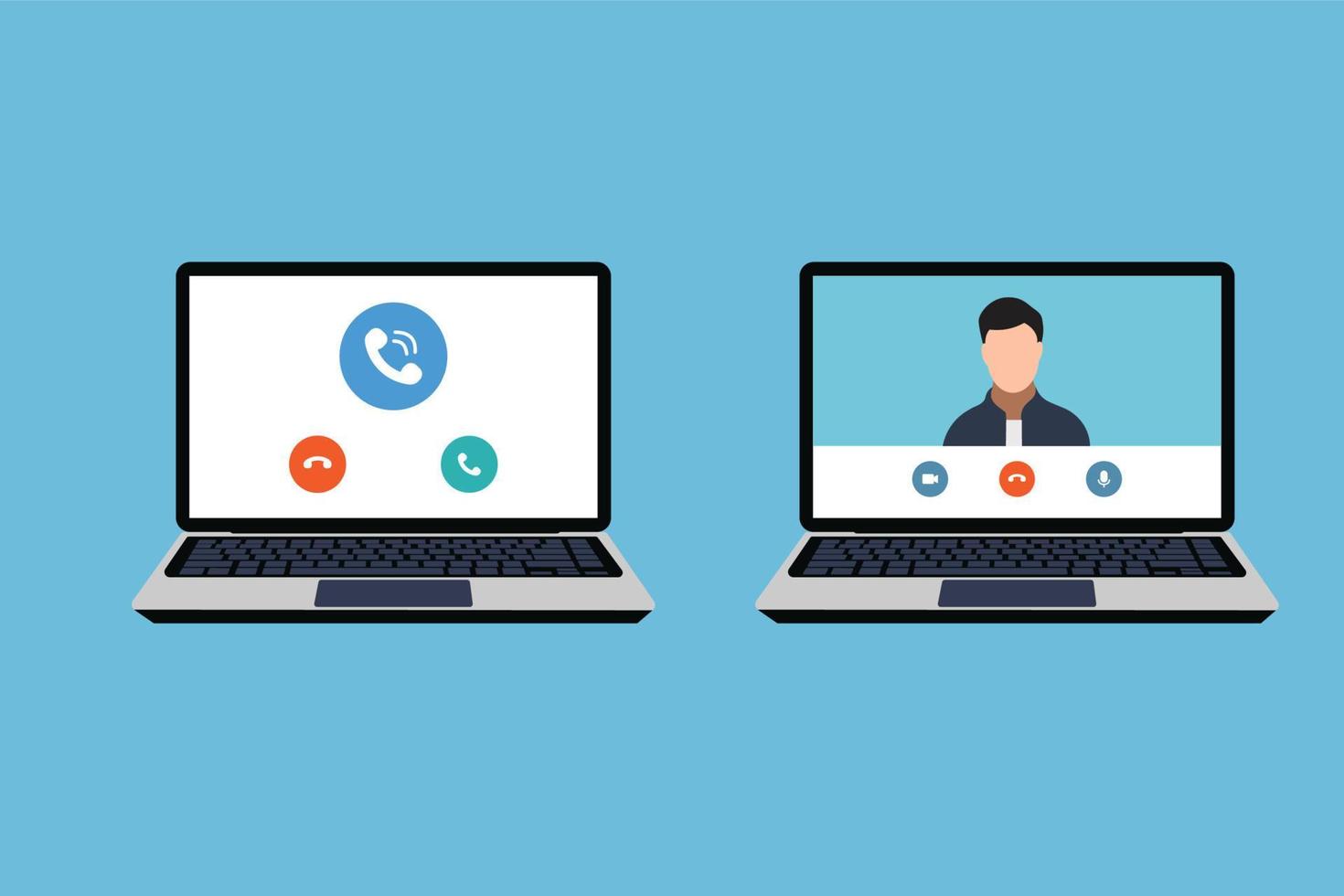 Online video call concept on laptops vector. Calling online, video conference concept with a flat character illustration. Chatting with friends online and virtual meeting concept vector. vector