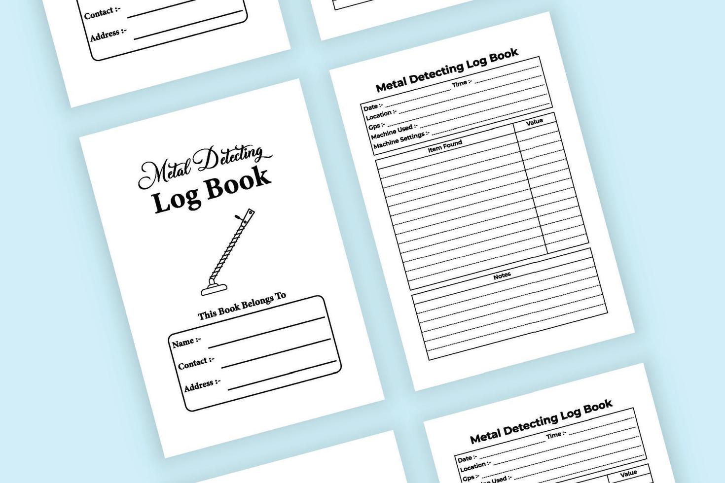 Metal detecting logbook interior. Metal detecting location recorder and item information tracker template. Interior of a logbook. Digging location and work experience checker interior. vector