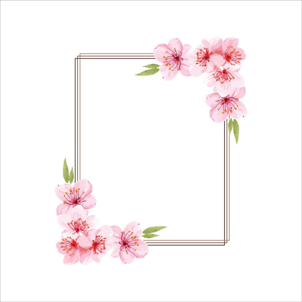 Spring floral border. Cherry blossoms pink flowers frame, Flower branches vector frame illustration, tree blossom flowers border template. Pink cherry blossom branches, buds on twigs.