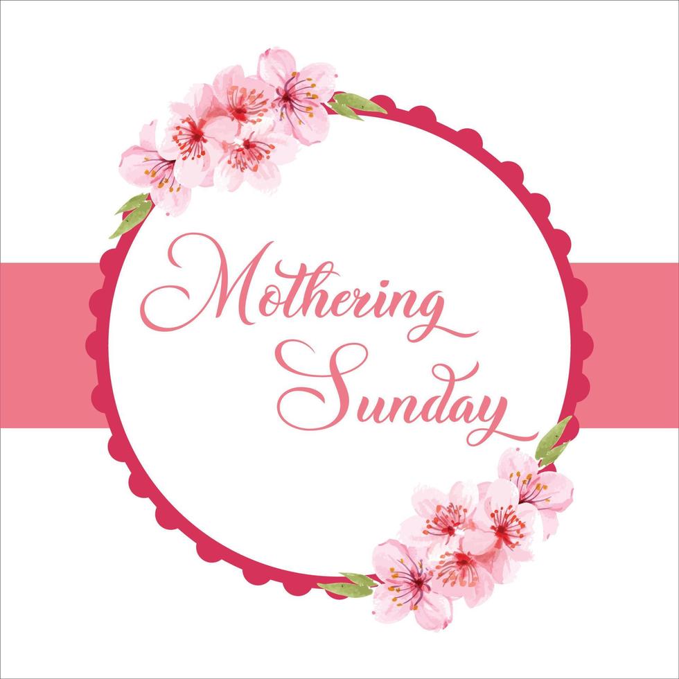 Mothering Sunday banner with cherry blossoms. Pink flowers over blue painted stripes on white. Mothering Sunday greeting card template, rectangular frame border with calligraphic text vector