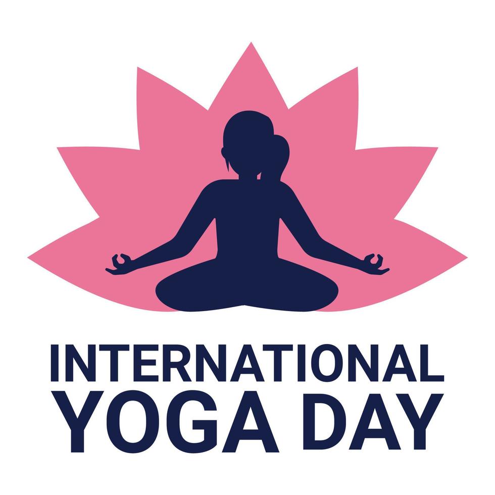 feliz día del yoga ilustración vectorial con efecto de texto negro, negro, mujer haciendo yoga, señora, mujer, posición de yoga, especial del día internacional del yoga, tono azul, efecto de texto, loto rosa. vector