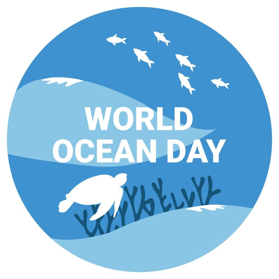 World ocean day vector illustration with text effect inside round shape and sea creature, blue, ocean, sea, turtle, fish, coral, text effect.