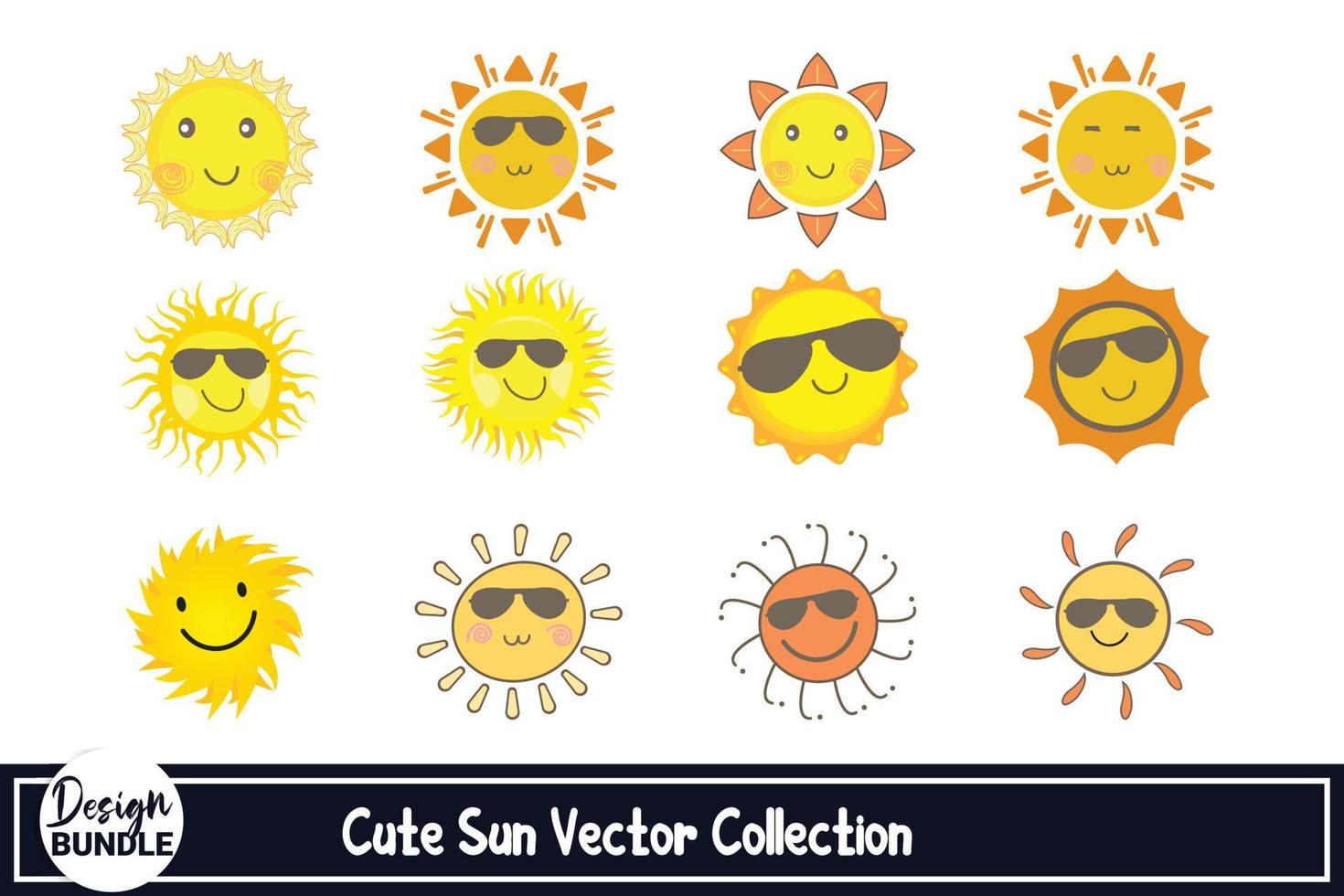 lindo diseño de vector de sol para etiqueta de medios sociales. diseño solar con sombra de color amarillo y naranja y gafas de sol frescas. Linda colección de vectores de sol con caras felices de sol.