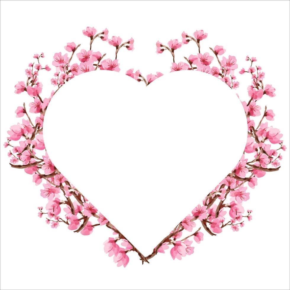 tarjeta de felicitación floral de flor de cerezo y plantilla de invitación para aniversario de boda o cumpleaños, forma de corazón vectorial de etiqueta y marco de cuadro de texto, corona de flores de sakura estilo hiedra con rama vector