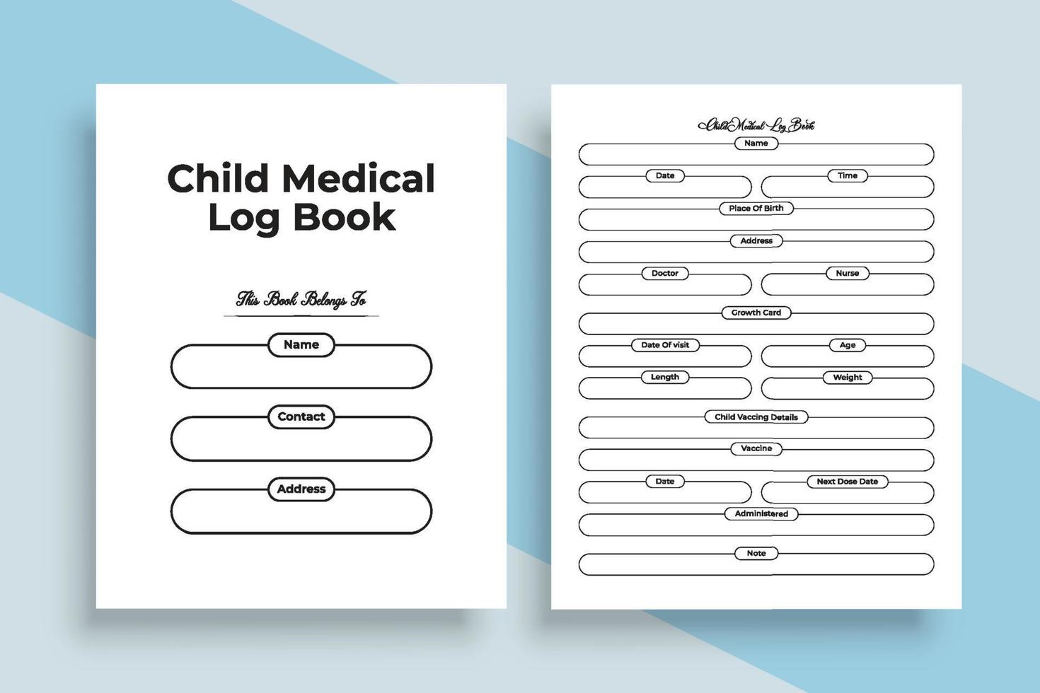 Child medical journal interior. Infant daily growth information tracker and vaccine checker template. Interior of a notebook. Child medical information and daily activities tracker interior. vector