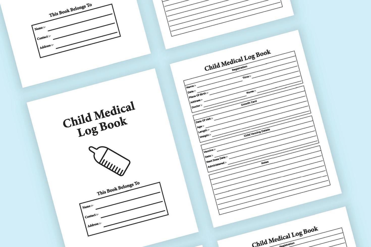 Child medical log book interior. Child vaccination info checker and growth tracker template. Interior of a notebook. Infant daily activities and birth information journal interior. vector