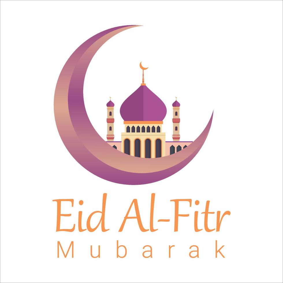 Eid Al-Fitr Mubarak with golden text effect, Holy festival of muslim, muslim mosque, Multicolor shade, purple, vector illustration of mosque, Eid Mubarak wish.