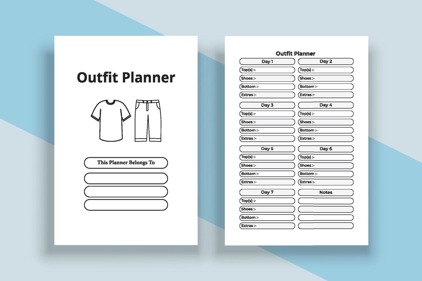 Outfit planner logbook interior template. Regular outfit information tracker and cloth planner interior. Interior of a notebook. Outfit planning and fashion wear list checker interior. vector