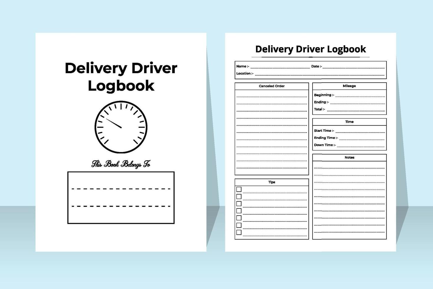 Delivery driver notebook interior. Delivery information and driver activity tracker interior. Interior of a logbook. Online shopping details and customer record checker template. vector