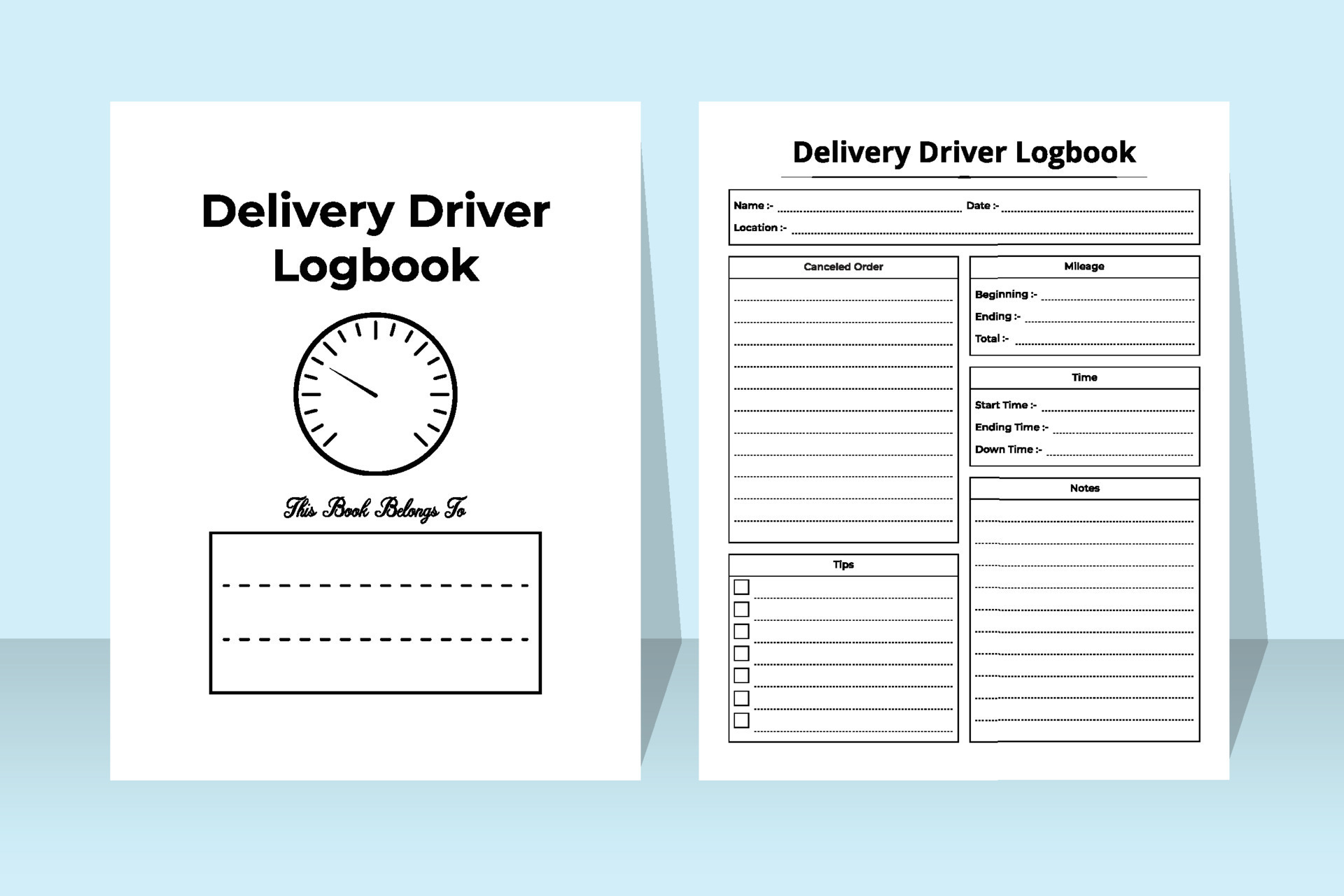 Delivery driver notebook interior. Delivery information and driver