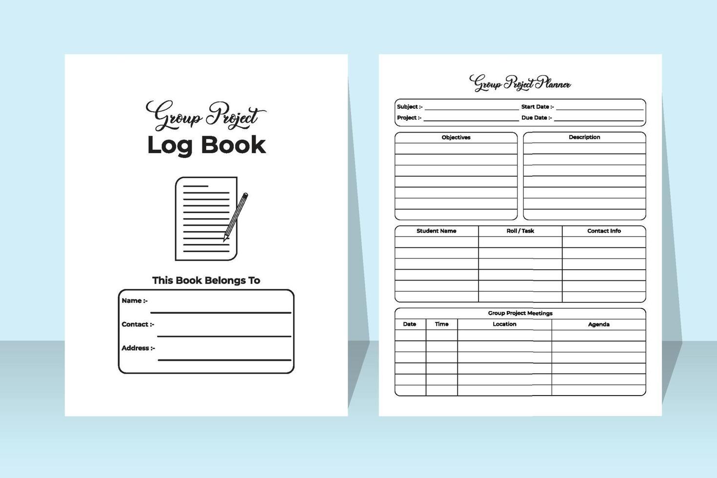 Group project logbook interior. School group project tracker and students information checker template. Interior of a journal. Study project planner and group member tracker interior. vector