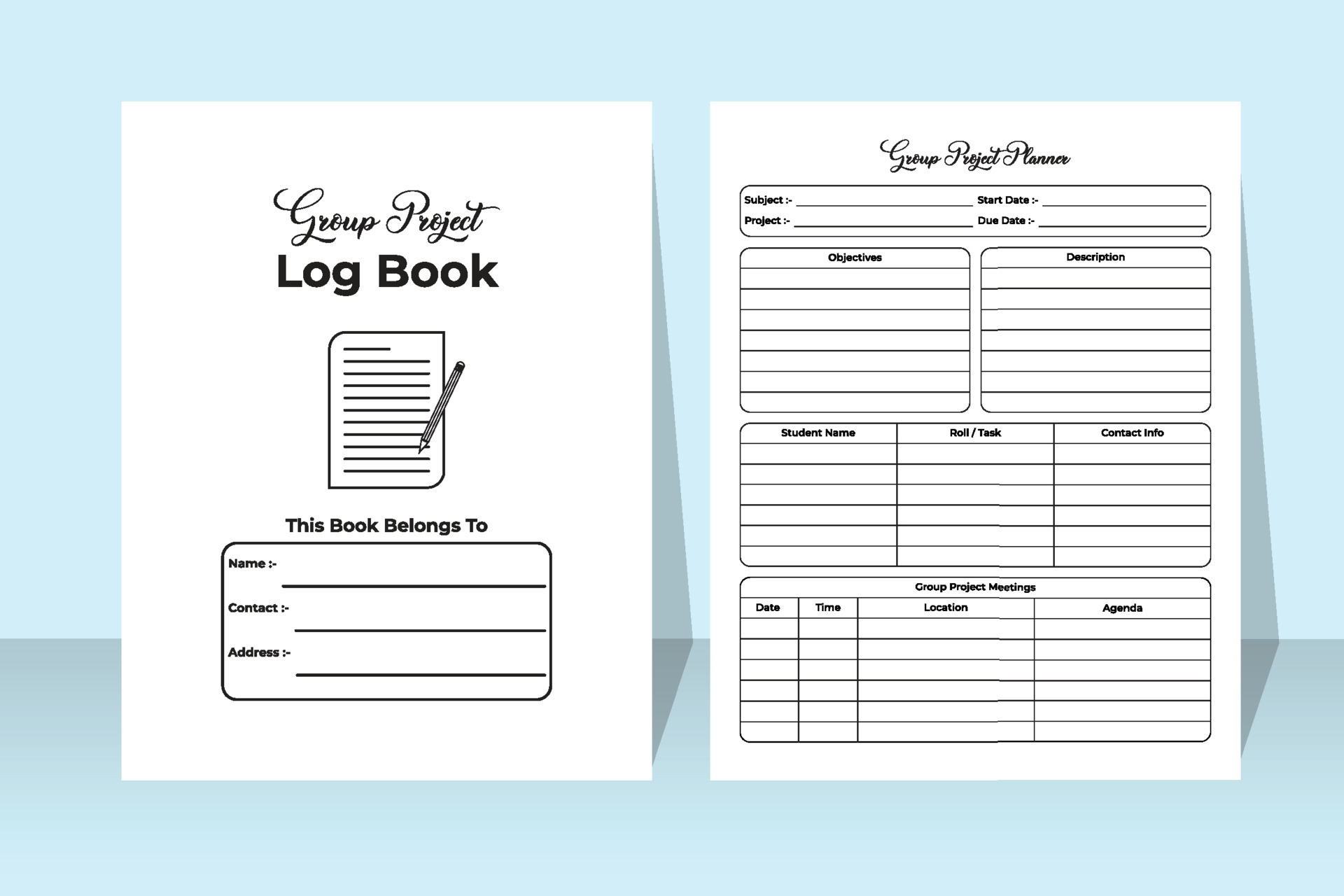 Group project logbook interior. School group project tracker and