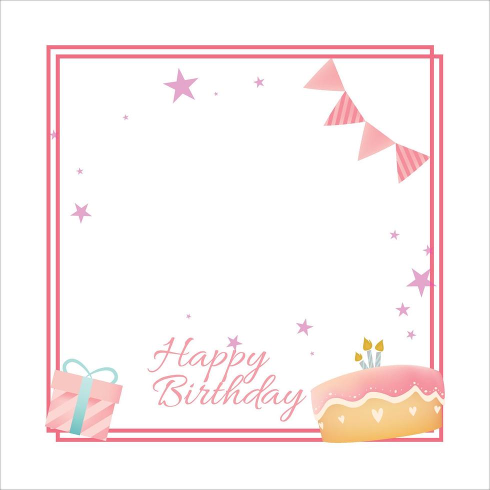 Happy Birthday Pink frame, Happiness, Happy Birthday Text Effect, Birthday Vector Illustration on White Background, Party Frame, Birthday Gifts, Party Elements, Birthday Cakes, Banner.