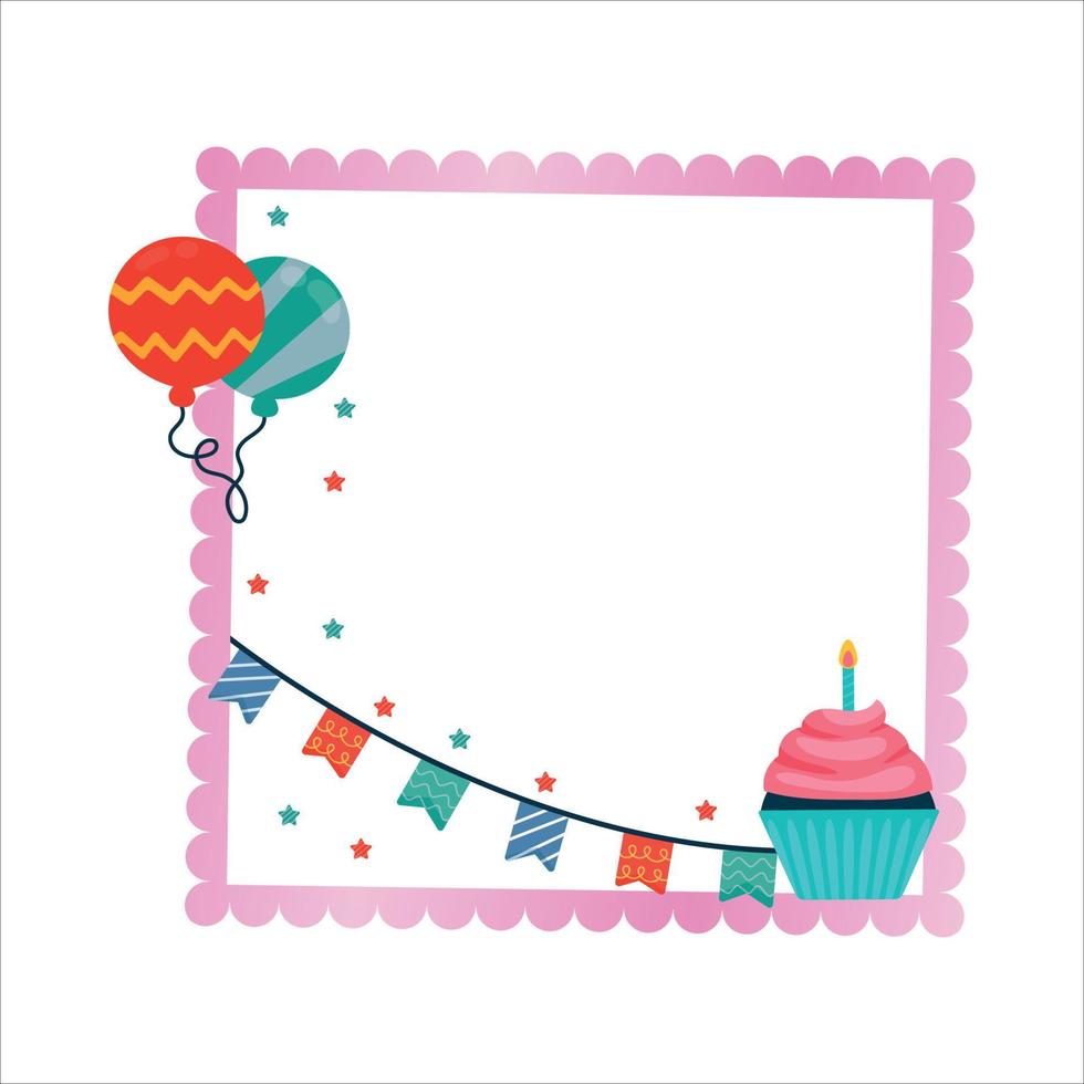 elementos de cumpleaños, felicidad, feliz ilustración vectorial de cumpleaños sobre fondo blanco, marco de fiesta, regalos de cumpleaños, elementos de fiesta, pancarta de fiesta, gorra de cumpleaños, globos, pasteles. vector