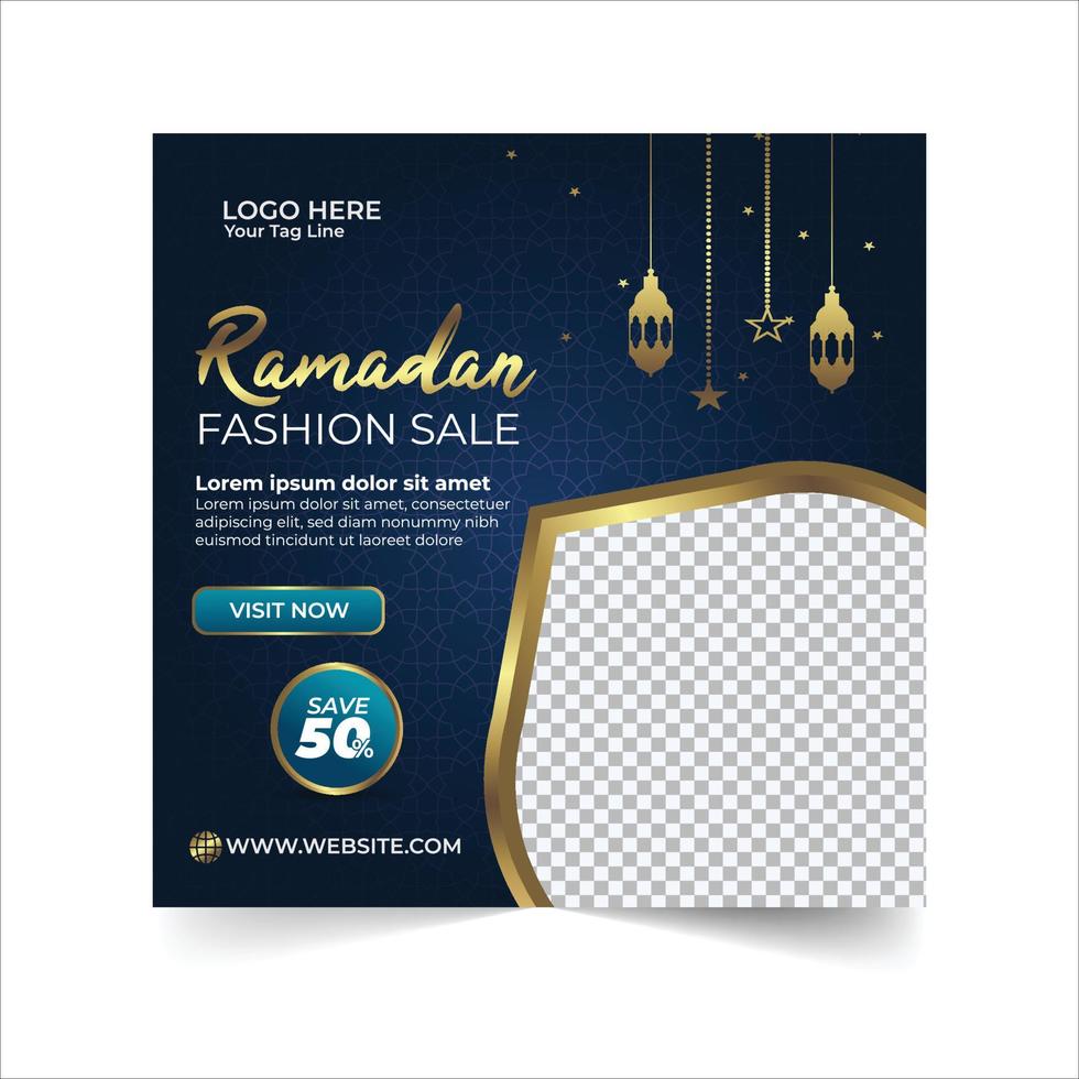 anuncio de banners de plantilla de publicación de redes sociales de venta de ramadán, ilustración editable, mes sagrado islámico de banner de venta de ramadán con linternas doradas iluminadas en un fondo azul oscuro. vector