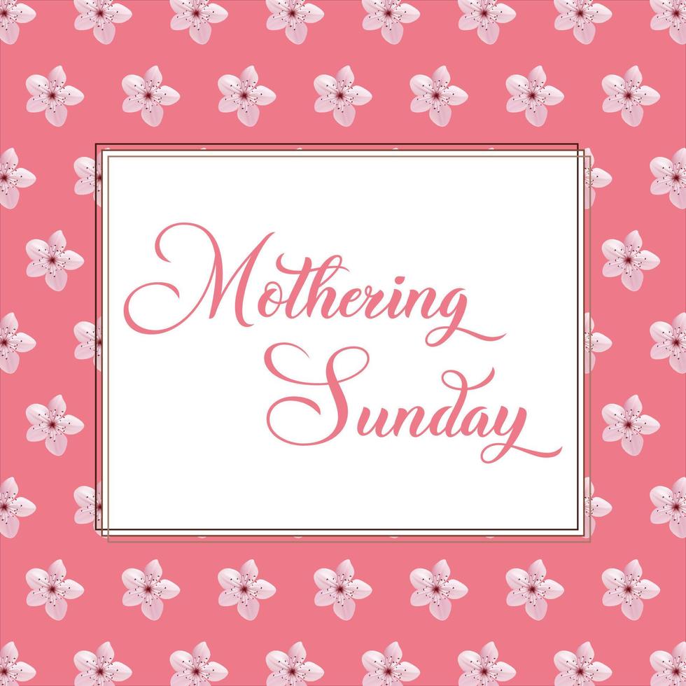 Mothering Sunday banner with cherry blossoms. Pink flowers over blue painted stripes on white. Mothering Sunday greeting card template, rectangular frame border with calligraphic text vector