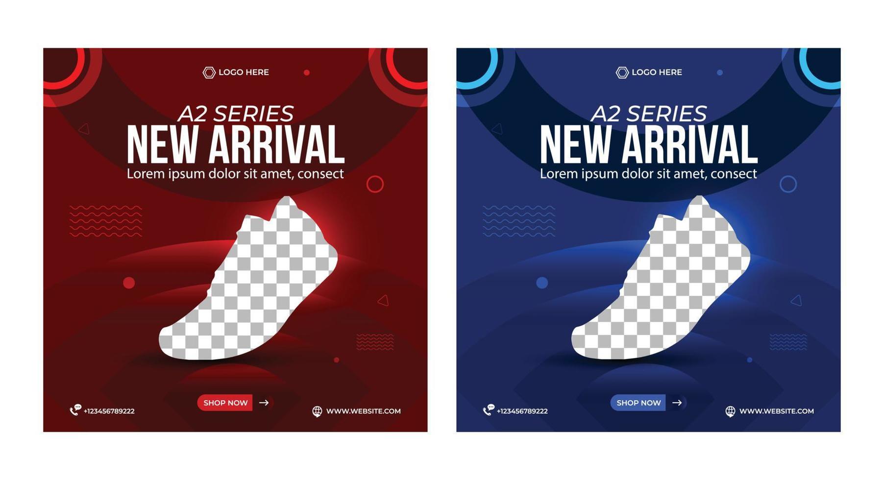 diseño de banner de anuncios de zapatos, color degradado rojo, color degradado azul, ofertas especiales de venta diseño de publicaciones en redes sociales para su marketing digital. banner de redes sociales de zapatos editable, plantilla de banner de anuncios web vector