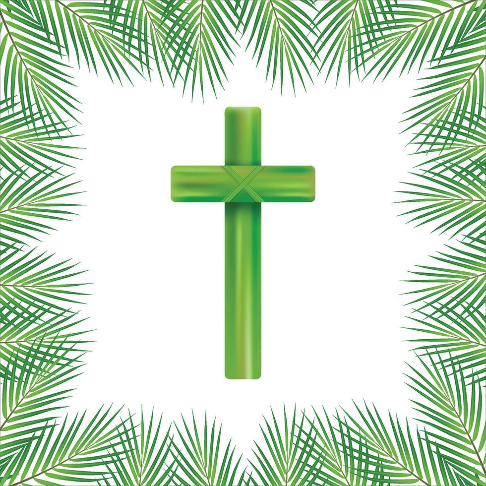 Palm Sunday cross and front white background, Green Palm leaves vector icon. Vector illustration for the Christian holiday. Palm Sunday handwritten phrase. Calligraphy quote on white background