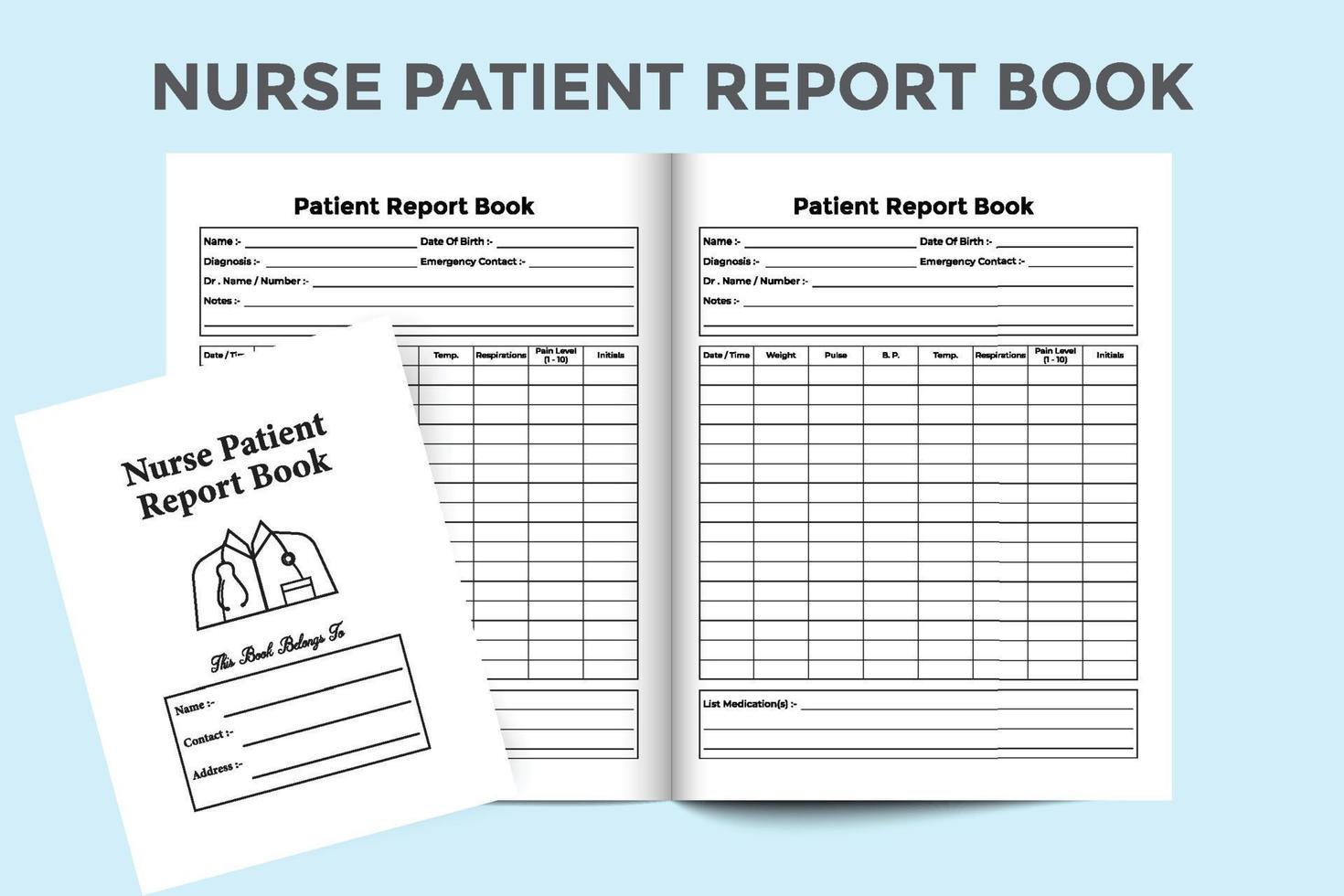 Nurse patient report log book interior. Nurse daily patient information