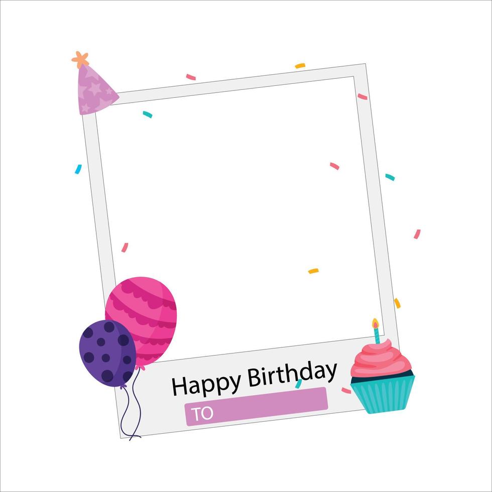 Happy Birthday Photo frame vector illustration, Happy birthday Wish, Happy Birthday Party Elements, Party Elements, Photo Frame. party cap, Balloons, Cupcakes.