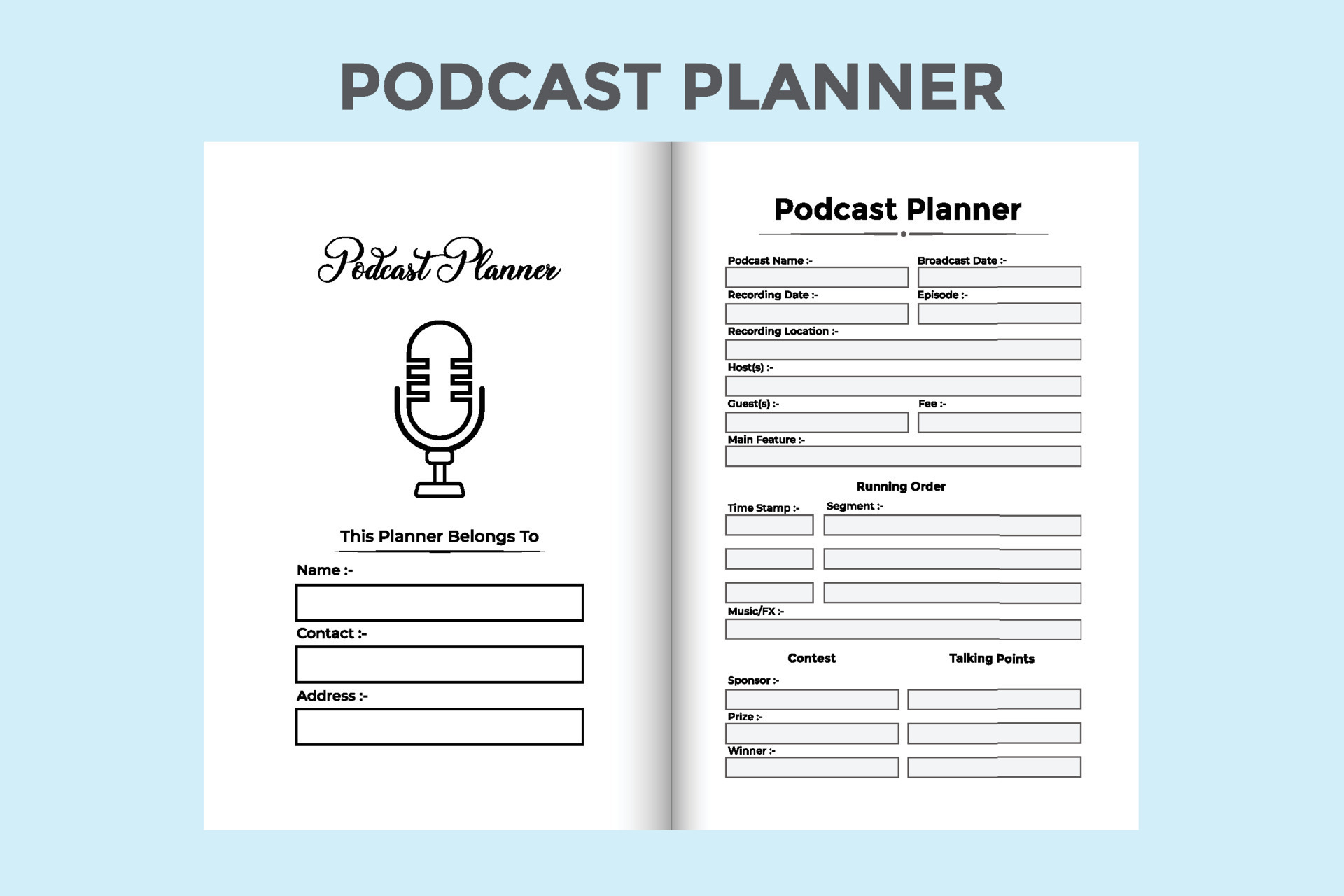 Podcast planner log book interior Daily podcast topic checker and