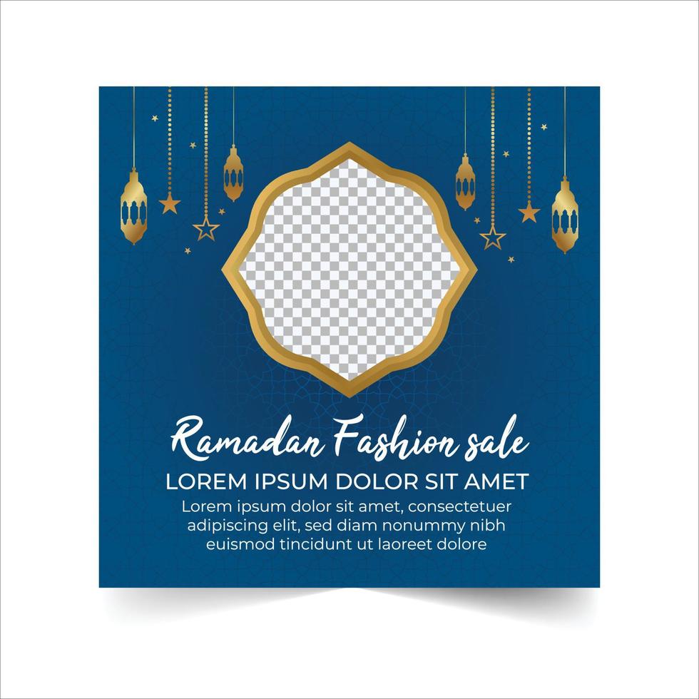 anuncio de banners de plantilla de publicación de redes sociales de venta de ramadán, ilustración editable, mes sagrado islámico de banner de venta de ramadán con linternas doradas iluminadas y ventana en un fondo azul. vector