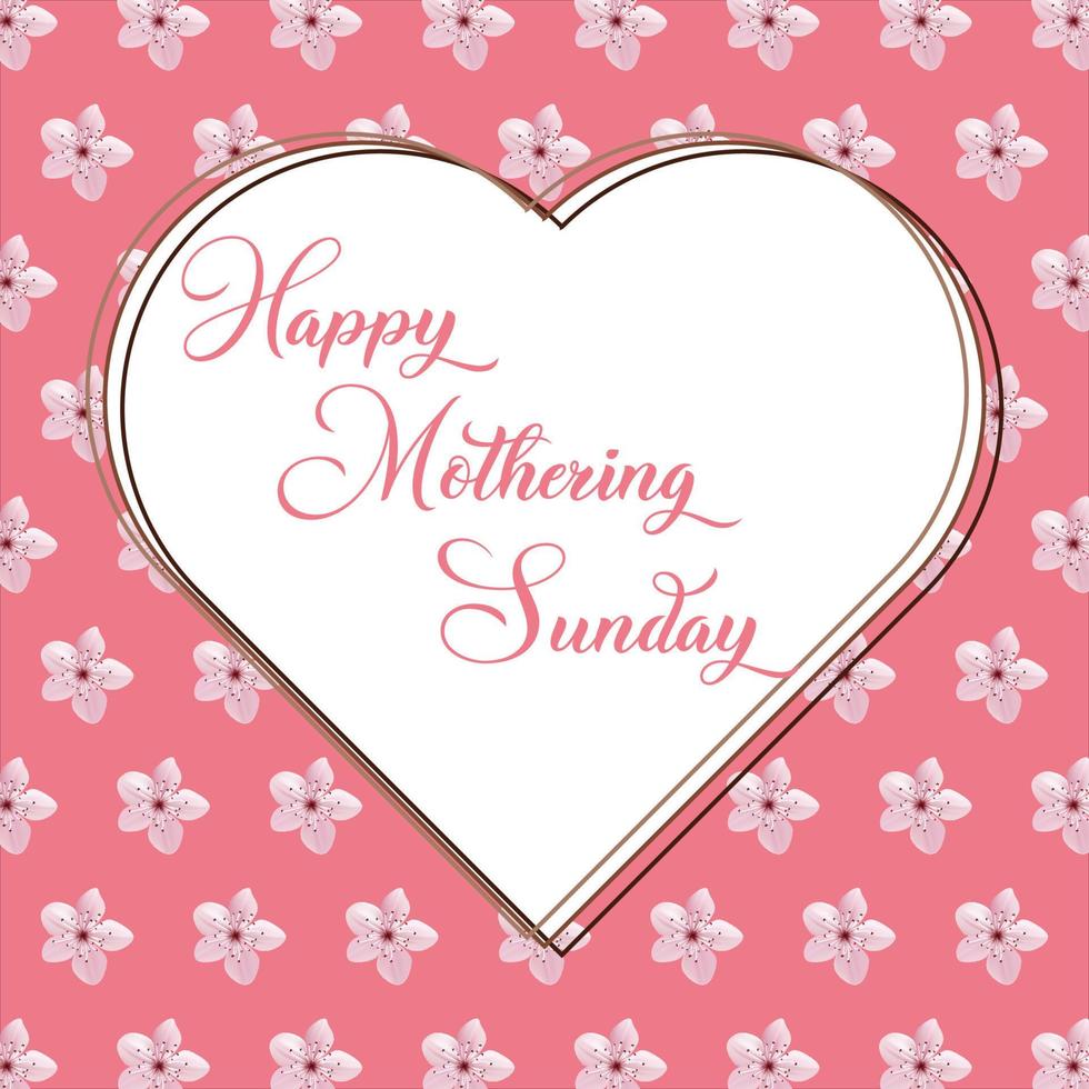 Mothering Sunday banner with cherry blossoms. Pink flowers over blue painted stripes on white. Mothering Sunday greeting card template, rectangular frame border with calligraphic text vector