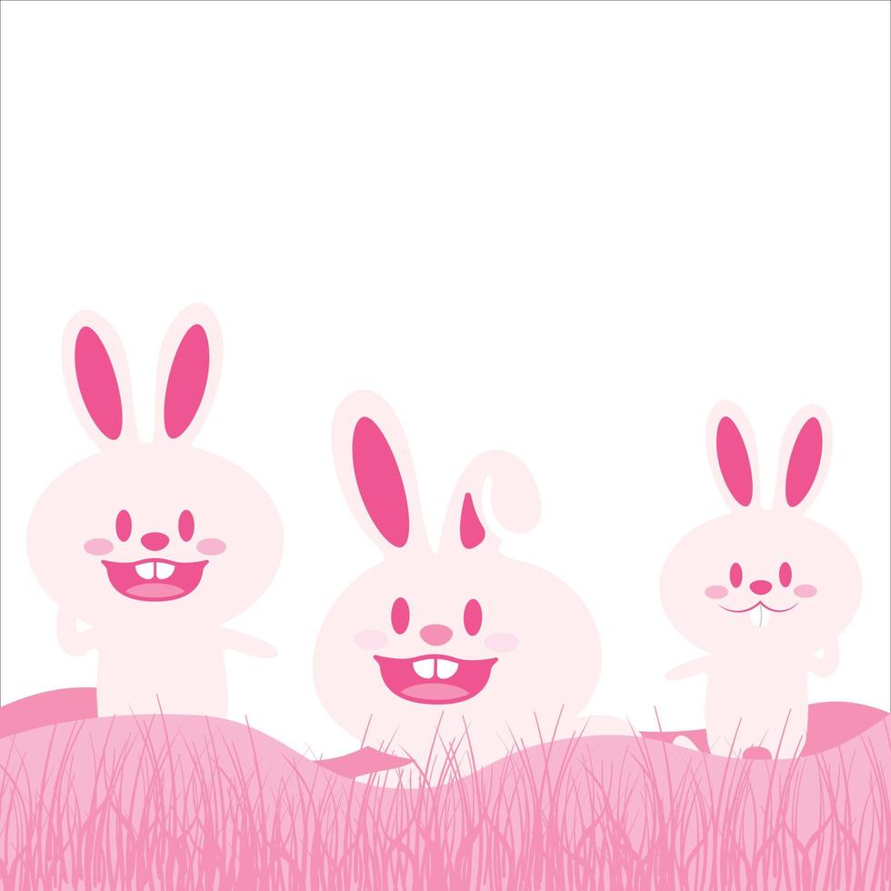 Cute Easter Bunnies Illustration, Cute Easter Bunnies Vector, Illustration of Happy Easter Bunnies with Pink Grass, Pink Shade Happy Easter Bunnies Vector, New Happy Easter Design, Cute Easter Bunnies vector